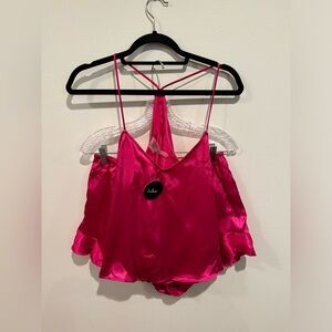 Lulus Sweetest Dreams Hot Pink Satin Ruffled Two-Piece Pajama